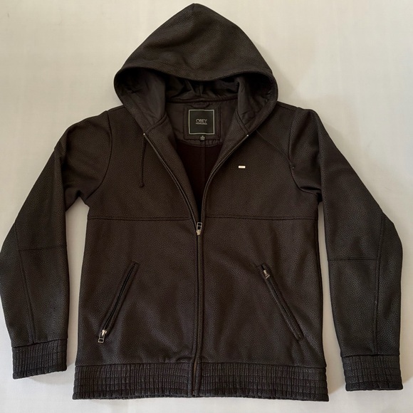 OBEY Propaganda Black Pebbled Liquid Faux Leather Hooded Zip Jacket Size Medium - Picture 5 of 14